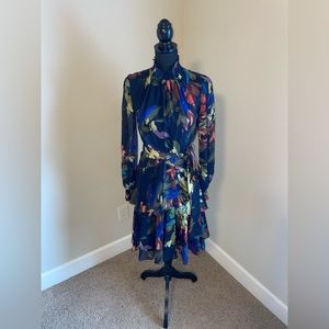 Alex Marie, Size 2, short dress, long sleeve, sheer, dark blue/dark colors